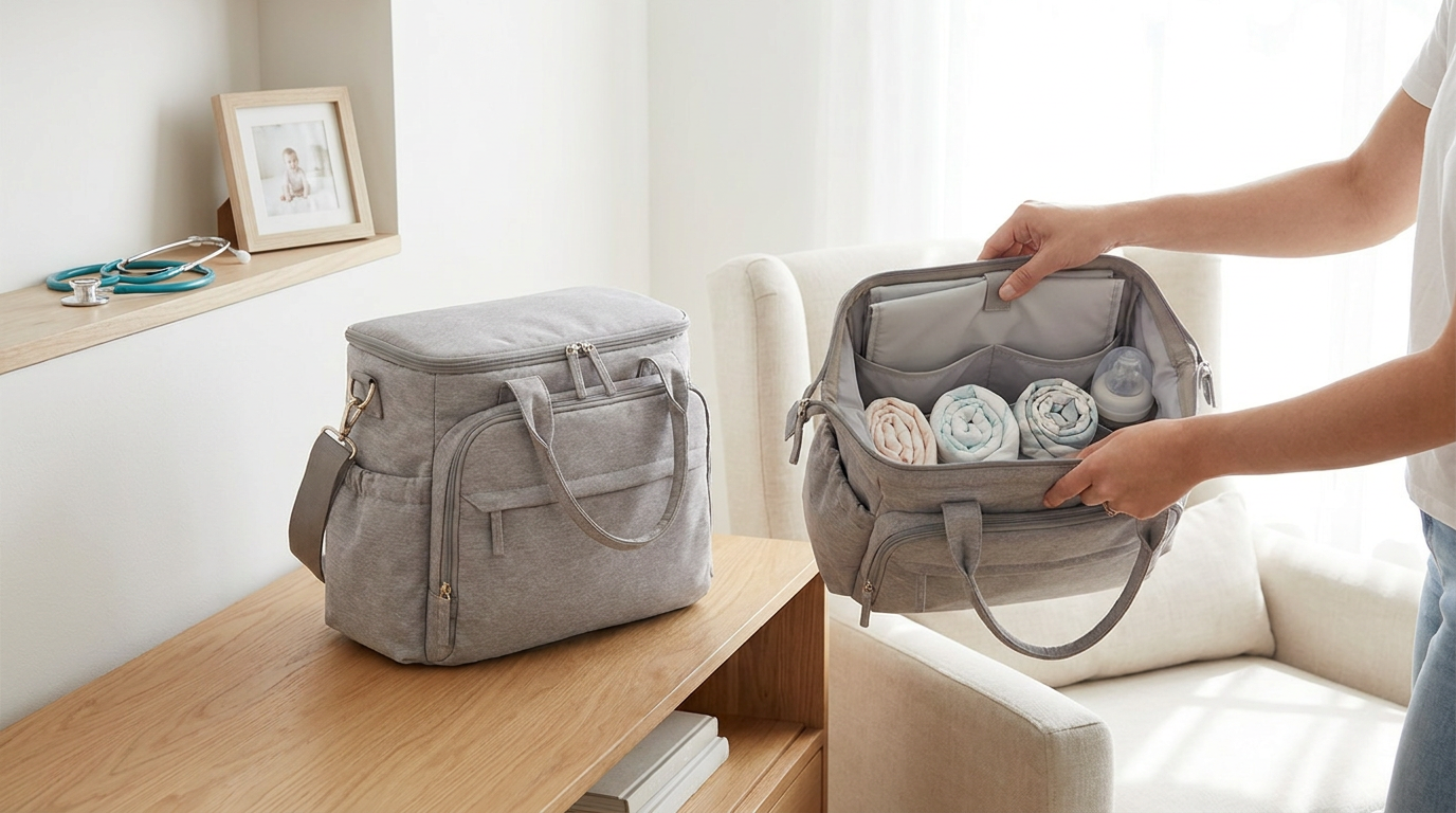 Neatly organized diaper bag with bottles, wipes and folded onesies laid out on cream linen