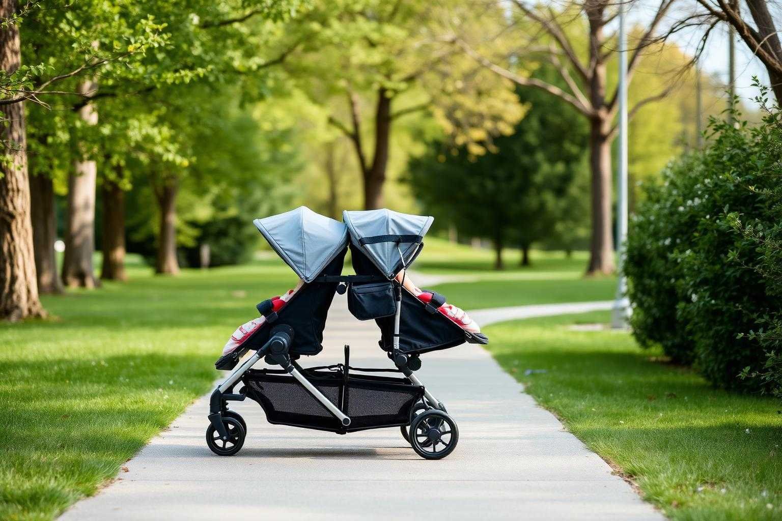 Side-by-side double stroller for twins on a sunlit park path