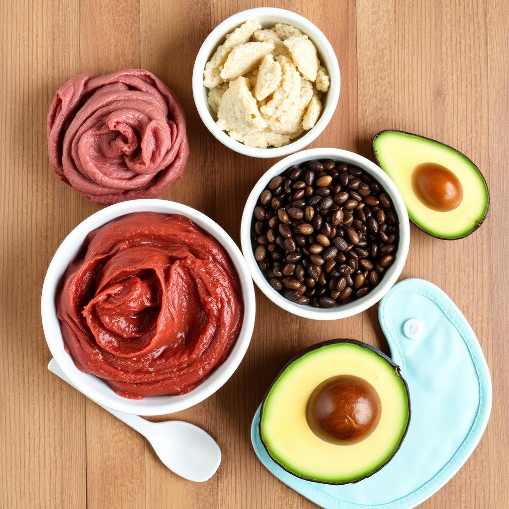 Iron-rich first foods for babies to prevent anemia arranged on a tray