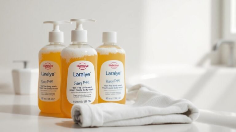 Gentle tear-free baby body wash bottles with a soft muslin washcloth on a clean bathroom counter