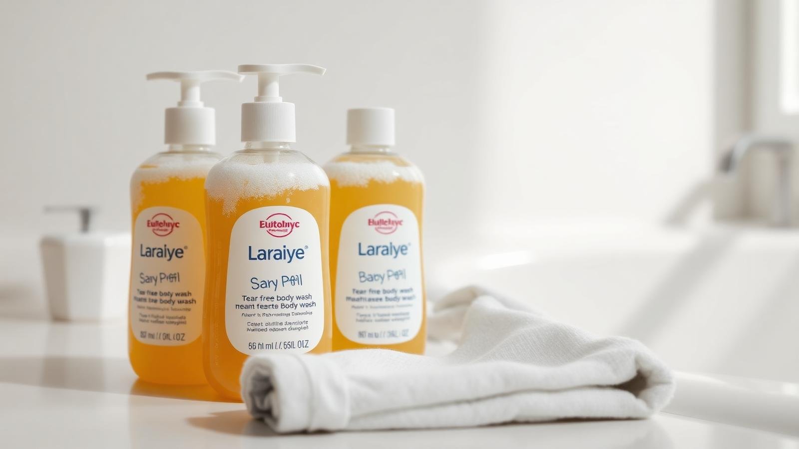 Gentle tear-free baby body wash bottles with a soft muslin washcloth on a clean bathroom counter