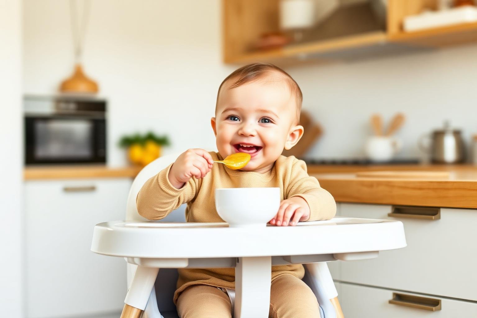 Happy baby eating puree in a modern high chair
