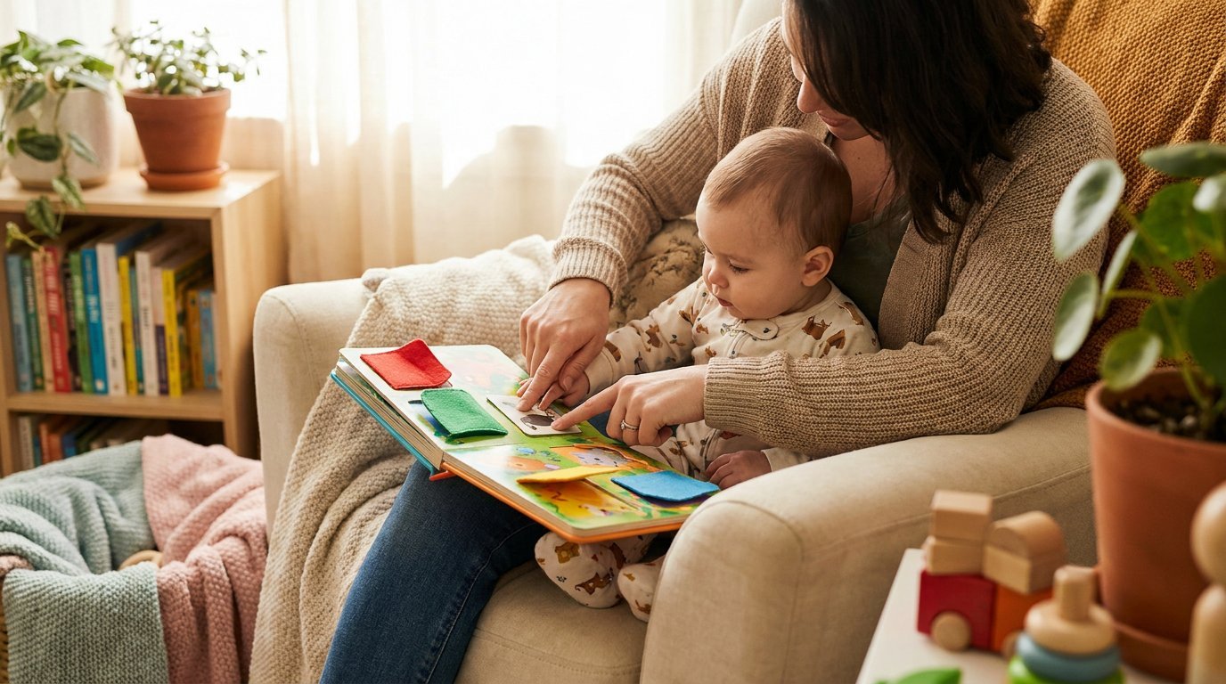 Parent and baby reading a colorful interactive board book