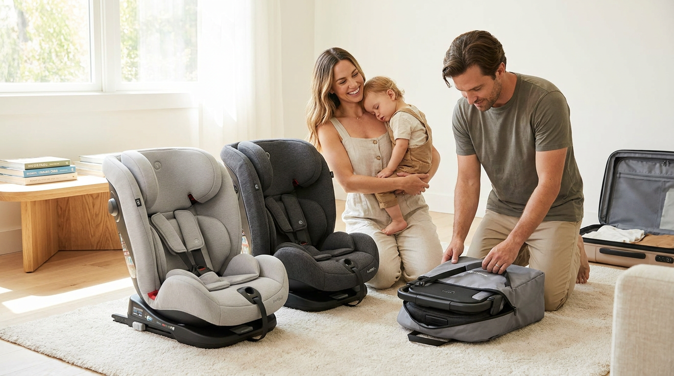 FAA-approved lightweight infant travel car seat installed in an airplane seat