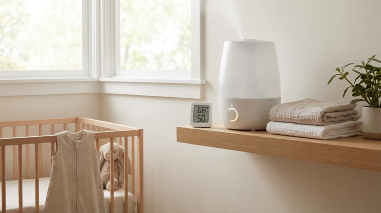 Nursery humidifier and digital thermometer on a wooden dresser beside a sleeping baby's crib