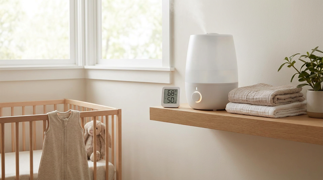 Nursery humidifier and digital thermometer on a wooden dresser beside a sleeping baby's crib