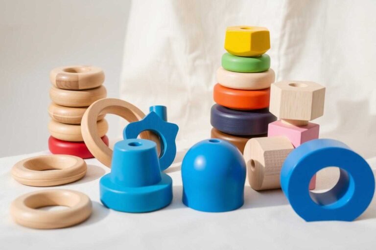 Open-ended wooden baby toys, stacking rings and blocks on neutral linen
