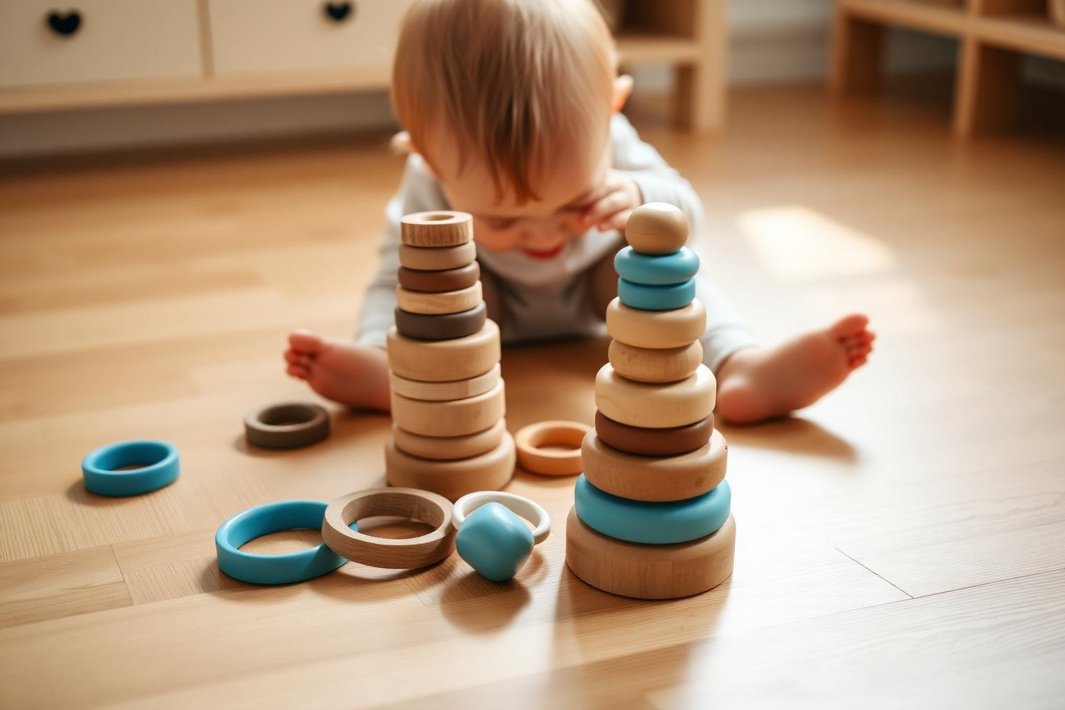 Wooden Montessori open-ended stacking toys with baby exploring them