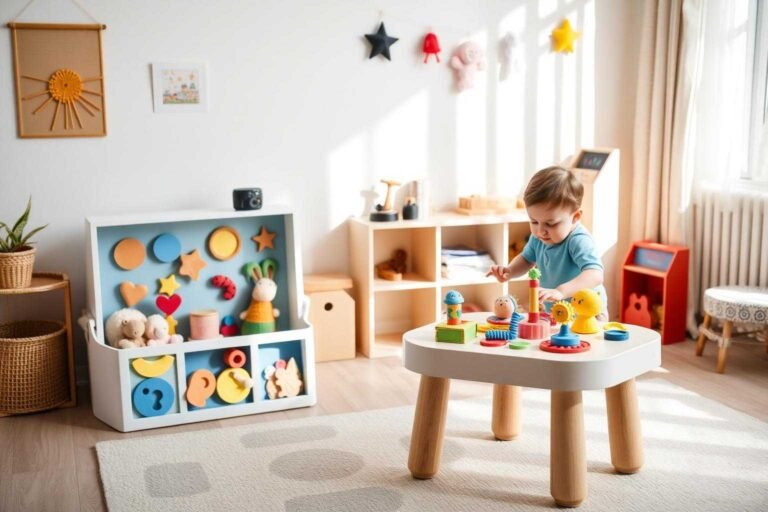 Baby exploring a colorful sensory play kit and activity table in a bright playroom