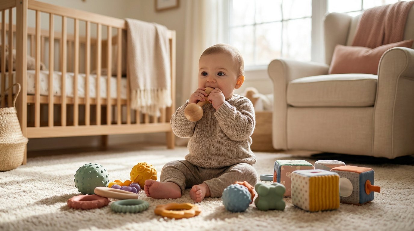 Baby exploring colorful sensory toys with hands and mouth
