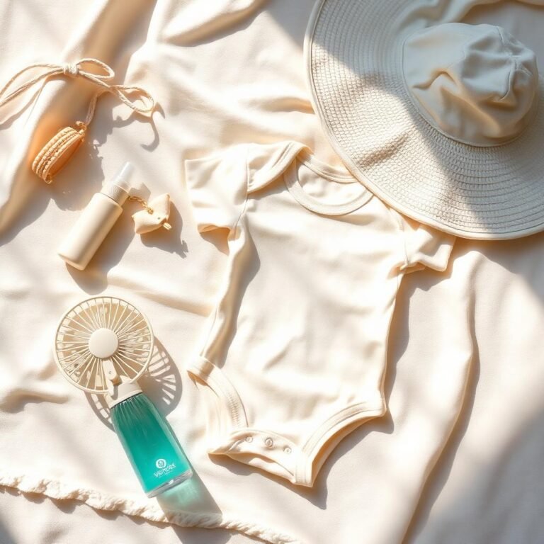 Summer baby cooling gear flatlay — handheld fan, mist sprayer, lightweight muslin onesie and wide-brim sun hat on cream linen