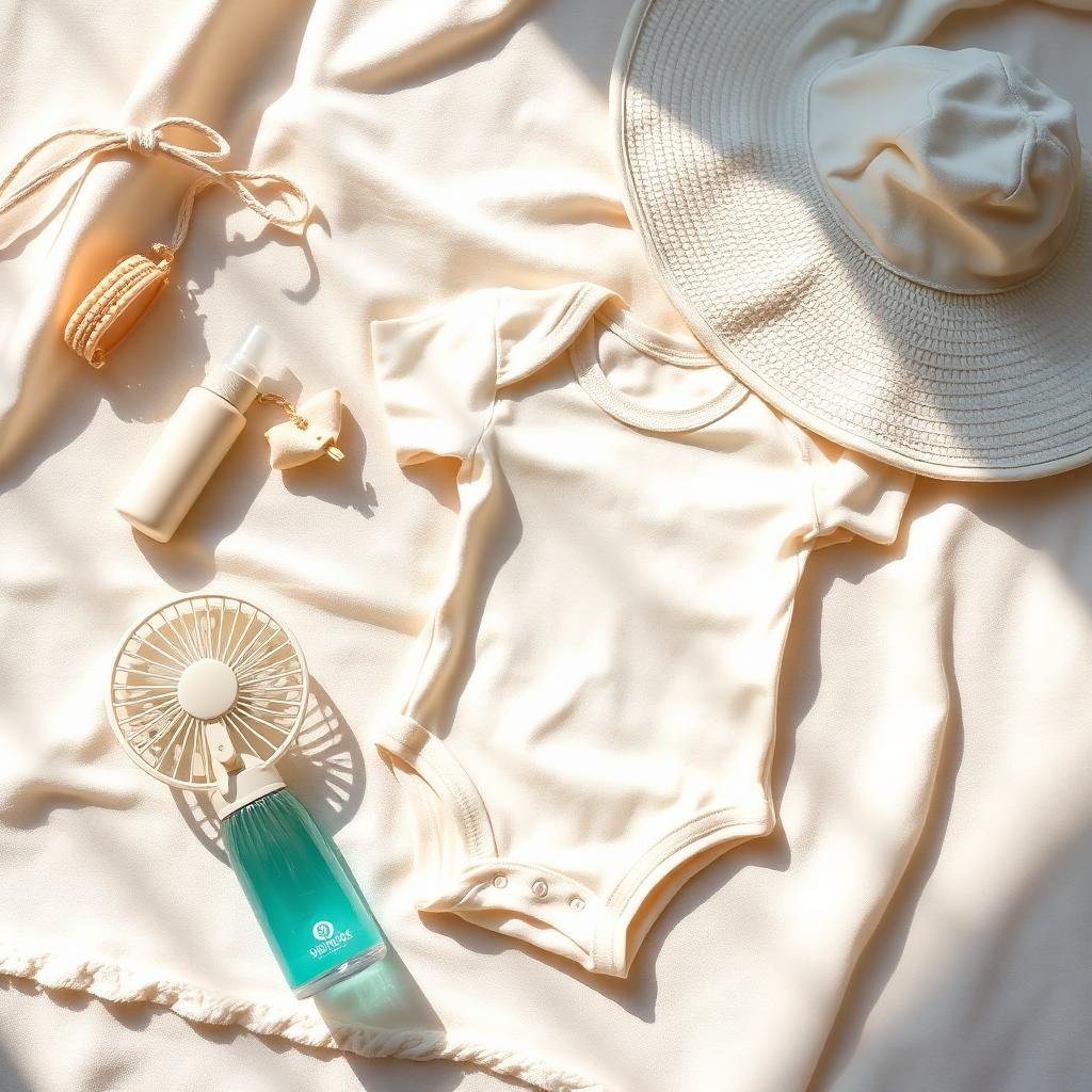 Summer baby cooling gear flatlay — handheld fan, mist sprayer, lightweight muslin onesie and wide-brim sun hat on cream linen