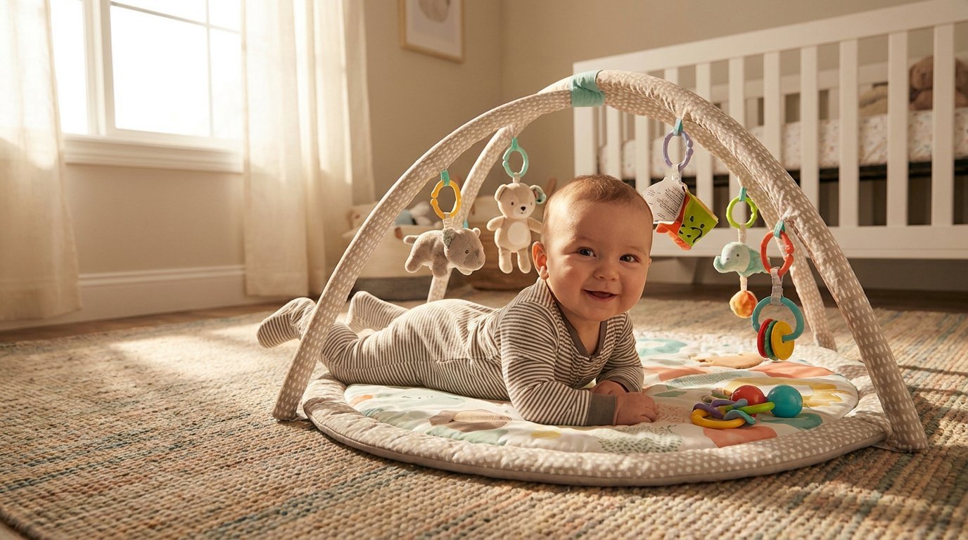 Baby doing tummy time on a colorful activity gym mat