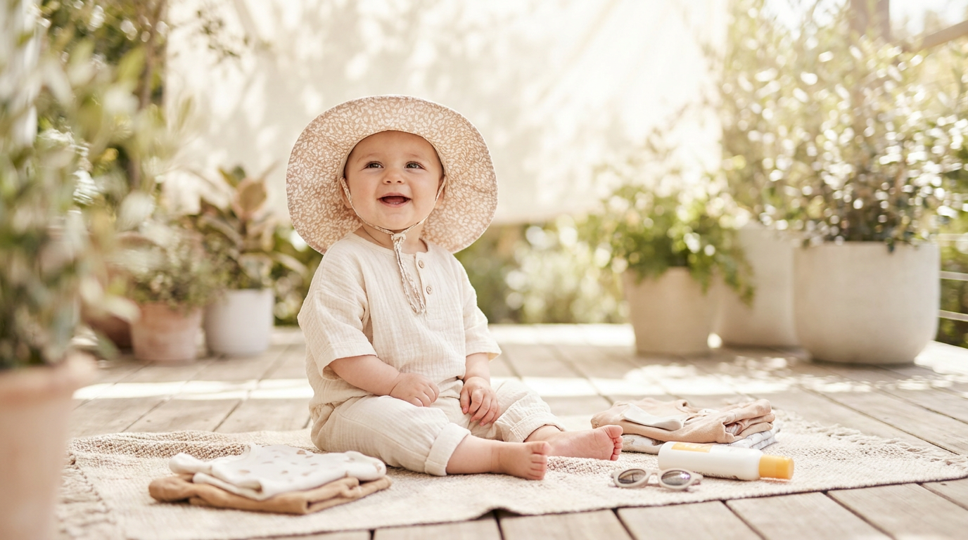 Baby wearing a wide-brim UPF 50+ sun hat and lightweight sun-protective outfit outdoors