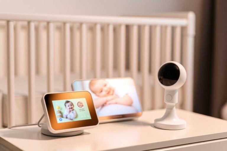 Video baby monitor with color screen on a nightstand beside a crib