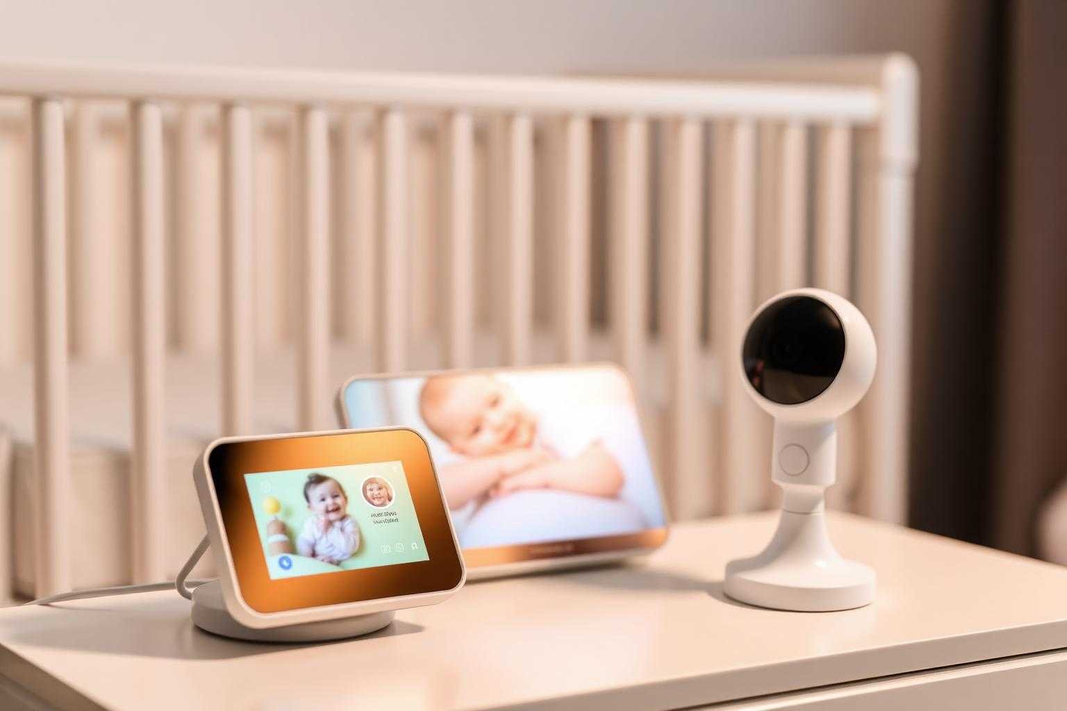Video baby monitor with color screen on a nightstand beside a crib