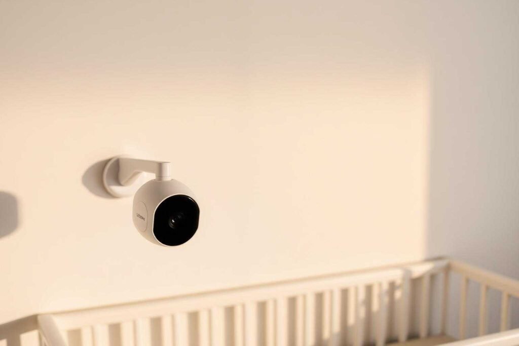 Modern wifi baby camera mounted above a nursery crib