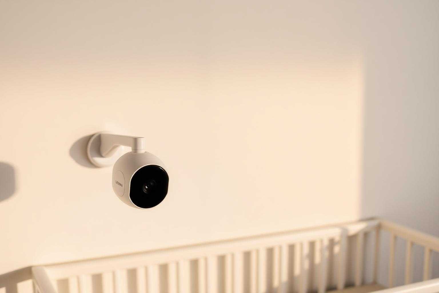 Modern wifi baby camera mounted above a nursery crib