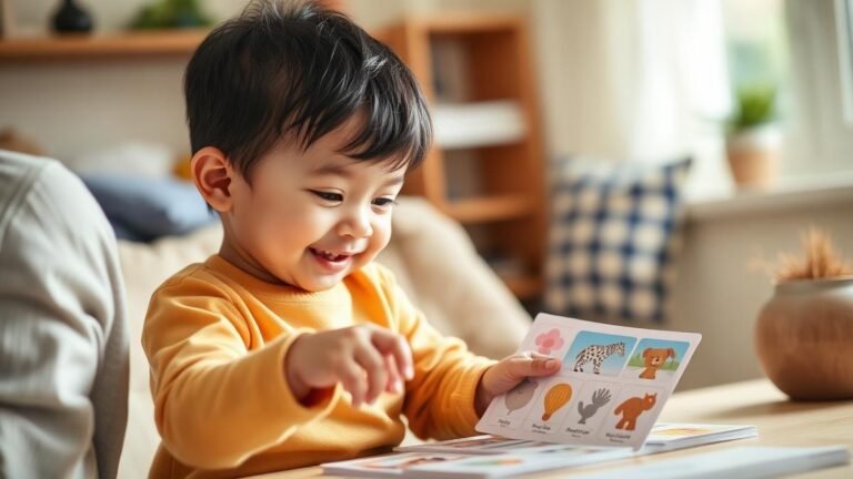 Bilingual toddlers language development: a smiling toddler pointing at picture cards while a parent talks