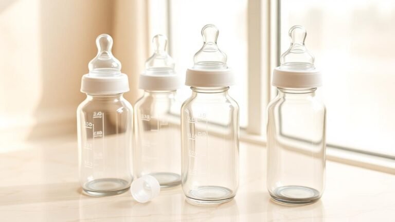 Set of clear glass baby bottles with silicone nipples on a sunlit warm marble surface