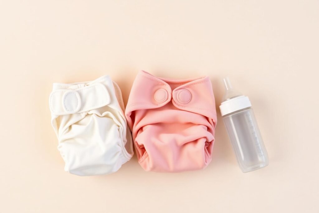 Side by side of breastfeeding bottle feeding items with clean diapers
