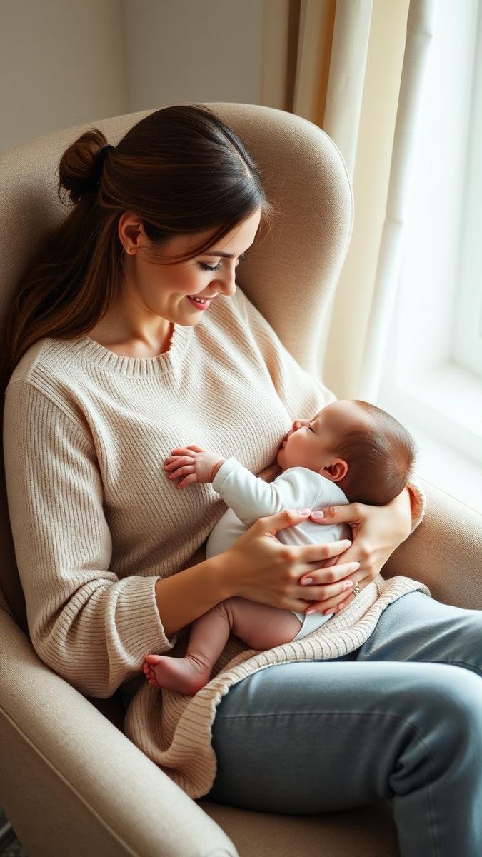 Mother breastfeeding her newborn in a cozy chair