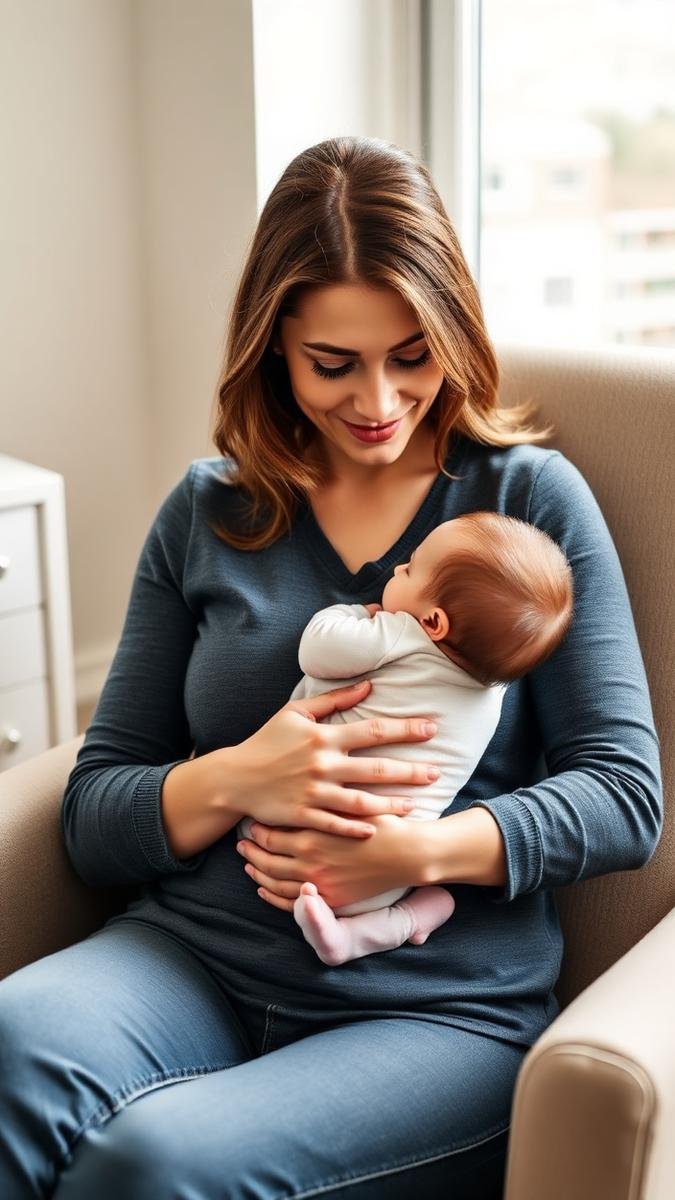 Mother cradling her baby in a comfortable breastfeeding hold