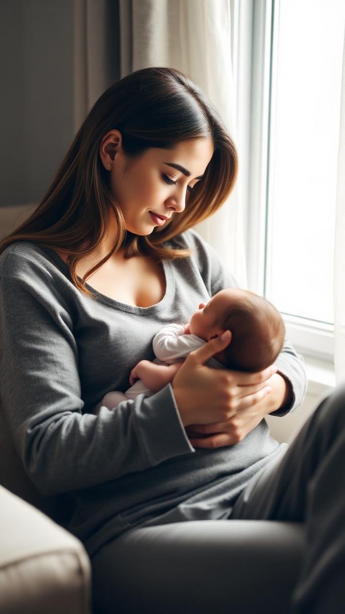 Mother breastfeeding her newborn in a proper cradle hold demonstrating a good latch
