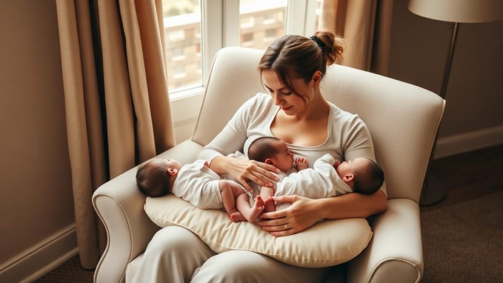 Mother tandem breastfeeding her twin newborns using a nursing pillow in a warm sunlit chair