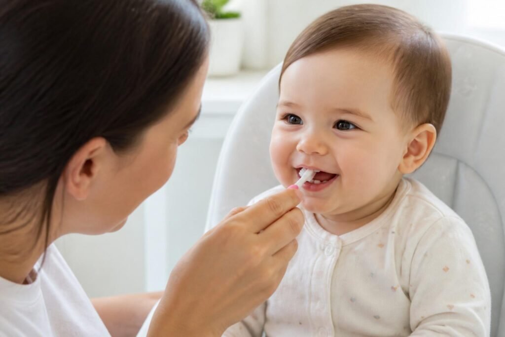 Parent brushing a baby's first teeth with a soft baby toothbrush and fluoride toothpaste