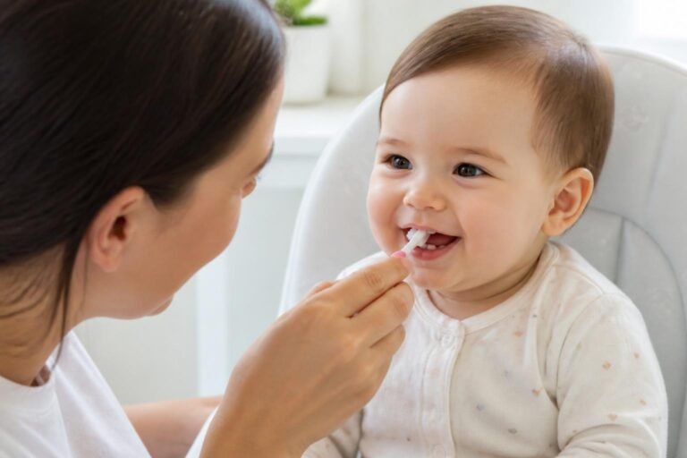 Parent brushing a baby's first teeth with a soft baby toothbrush and fluoride toothpaste