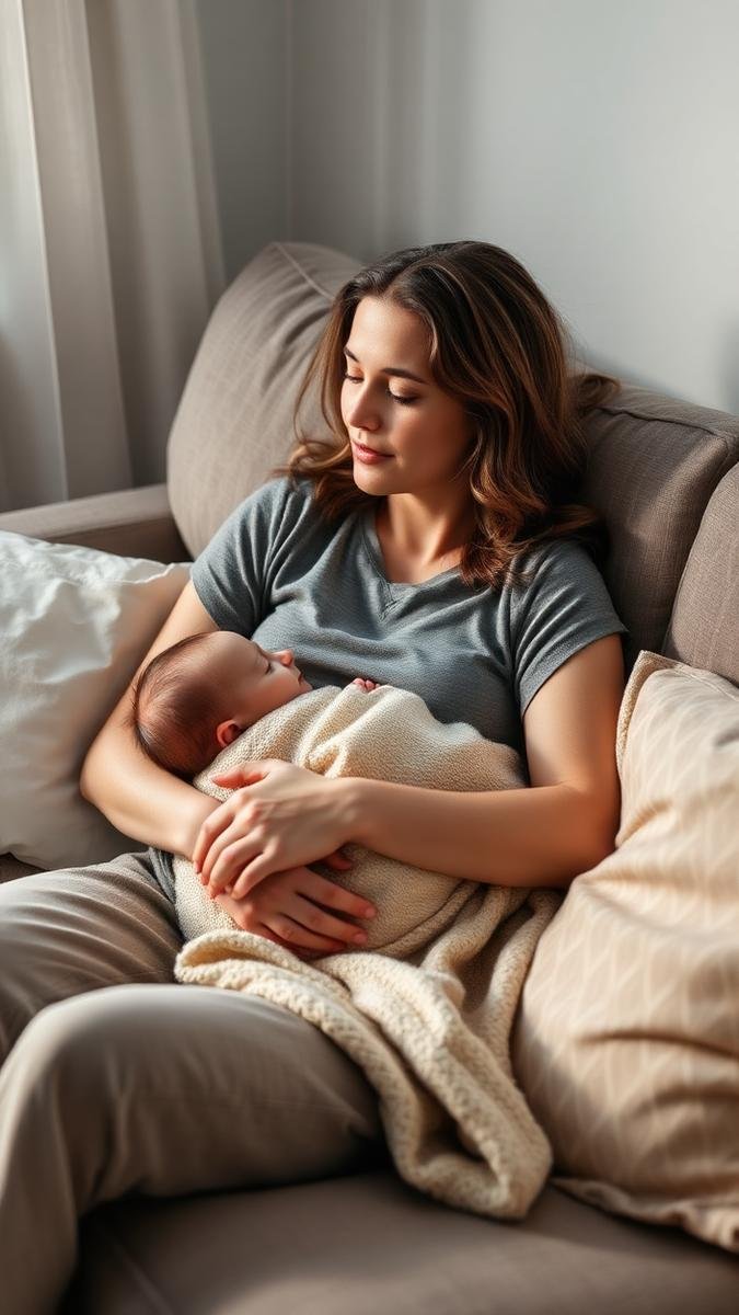 Mother resting at home holding her newborn during C-section recovery