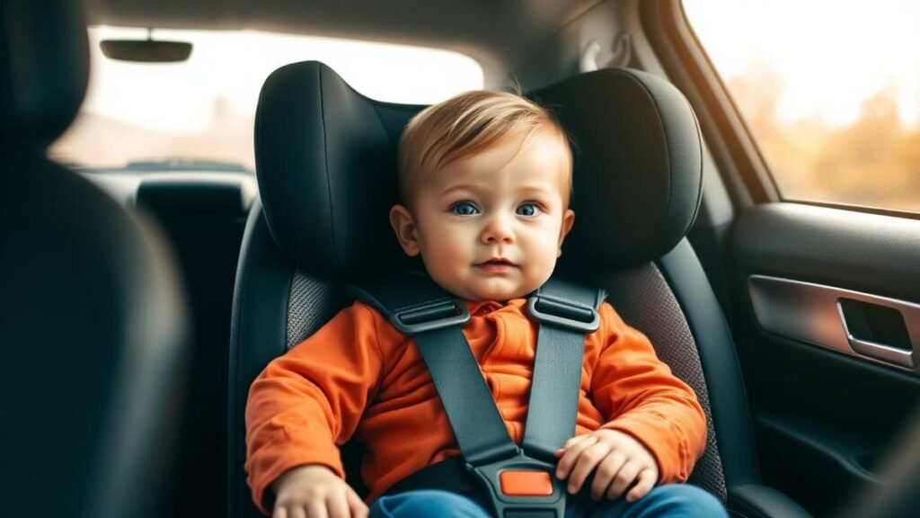 Car seat safety for rear-facing infants: an infant securely buckled in a rear-facing car seat