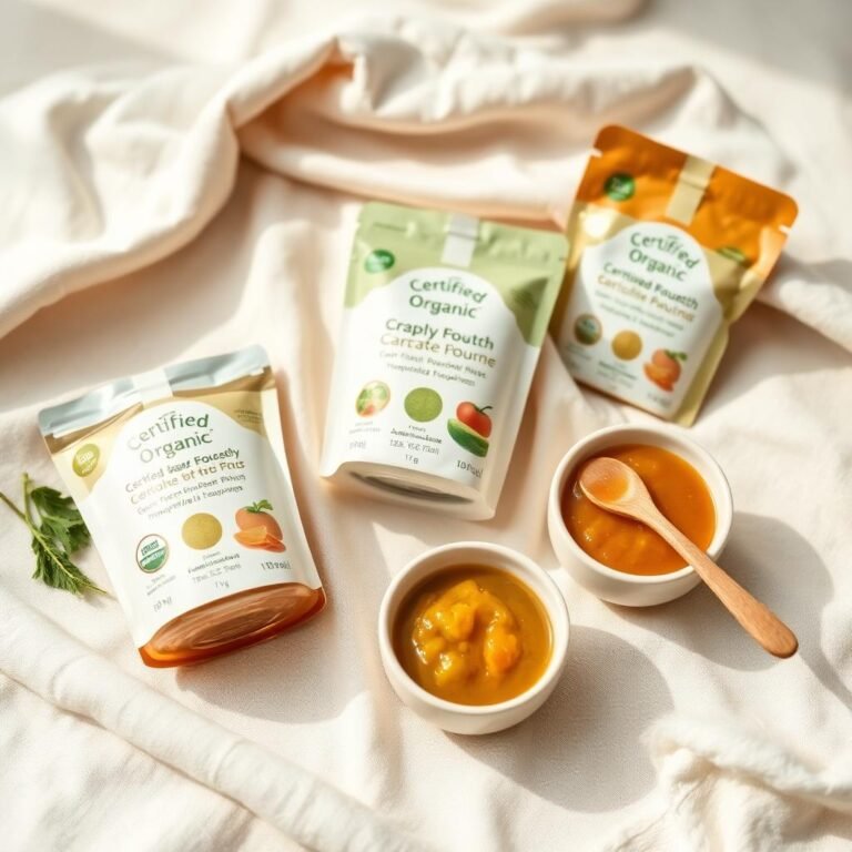 Certified organic baby food pouches and bowls of fresh vegetable purée with wooden baby spoon on cream linen