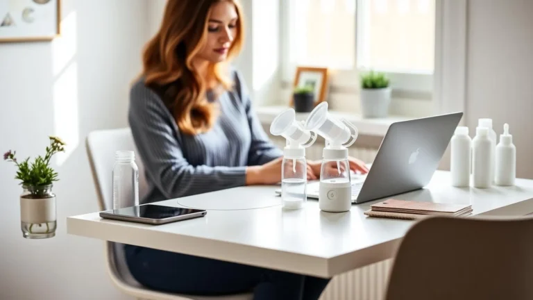 Best breast pumps for working moms displayed on a modern office desk with breastfeeding essentials