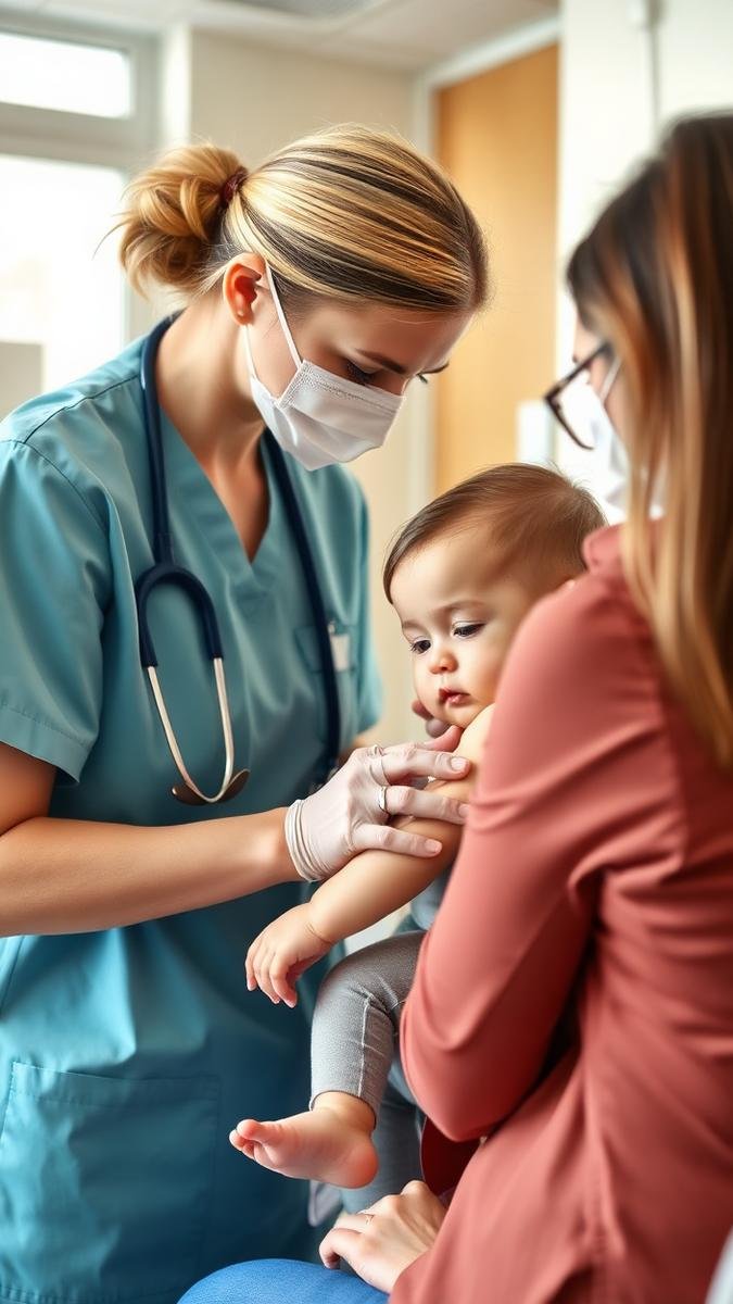 Pediatric nurse giving a routine childhood vaccine to a baby held by a parent in a clinic