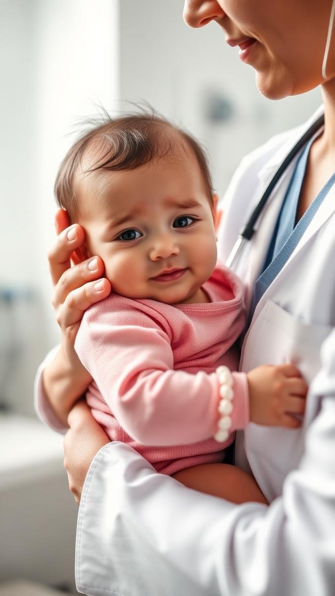 Calm baby held by a parent at a pediatric check-up