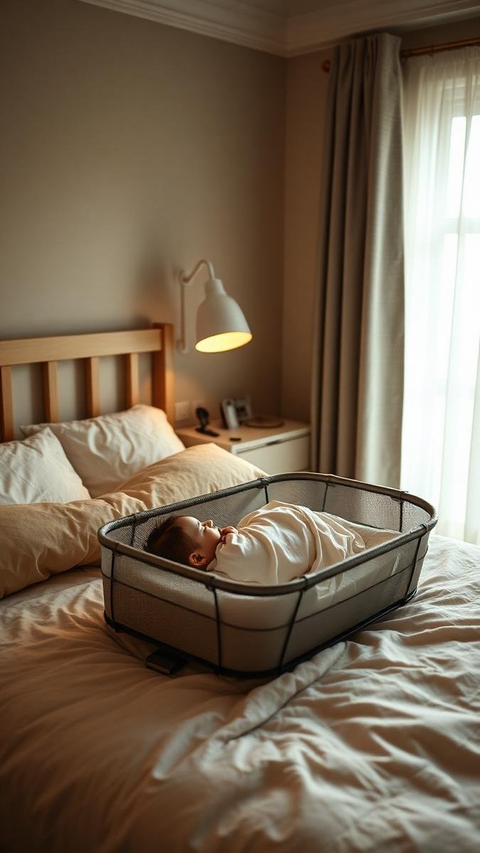 Newborn sleeping safely in a bassinet beside the parent's bed