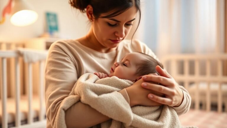 Croup in babies: a parent comforting a baby with a barking cough wrapped in a blanket in a nursery