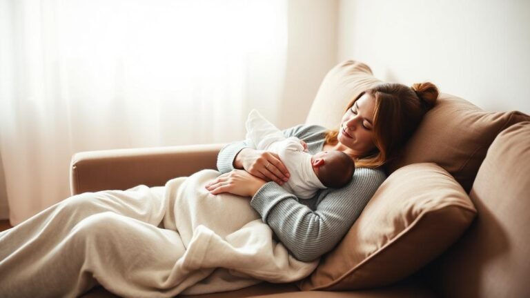 C-section recovery week by week: a mother resting on a couch holding her newborn during recovery