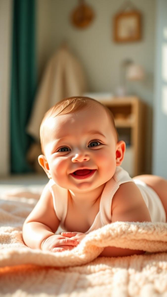 Two-month-old baby smiling up while lying on a soft blanket