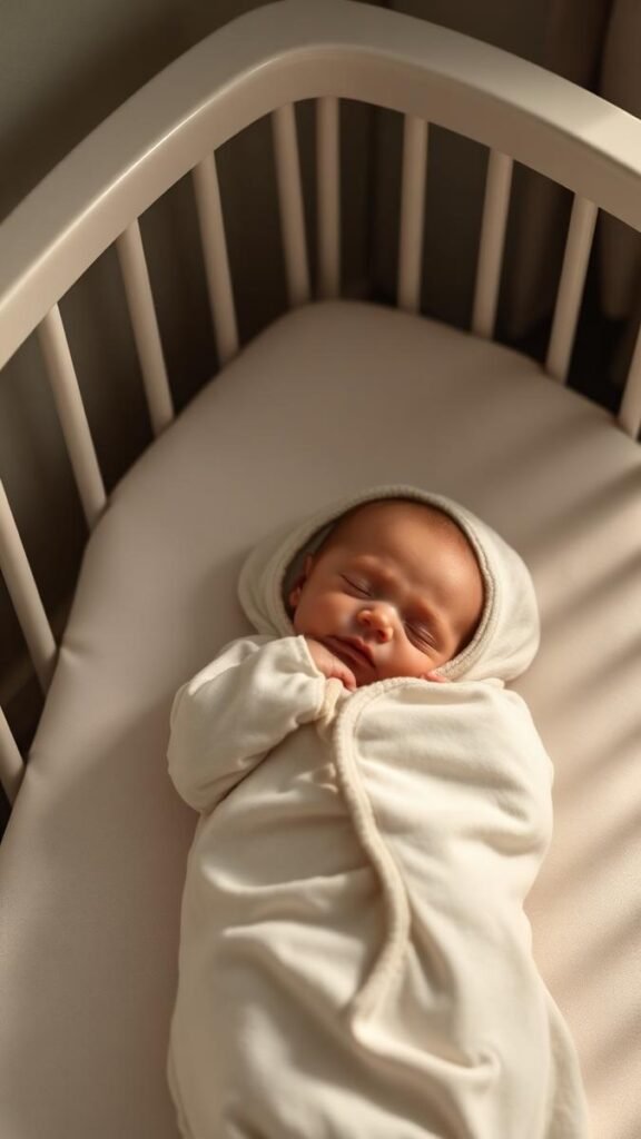 Newborn sleeping in a wearable sleep sack in a crib