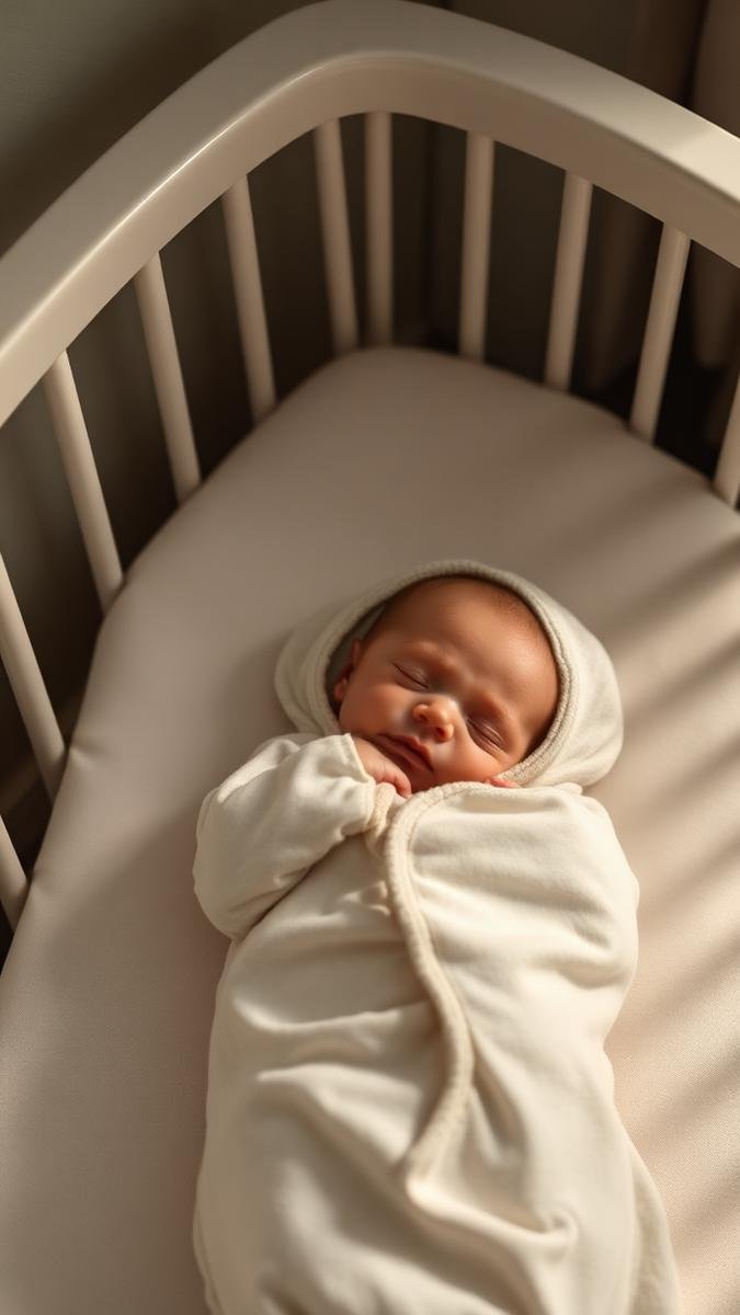 Newborn sleeping in a wearable sleep sack in a crib