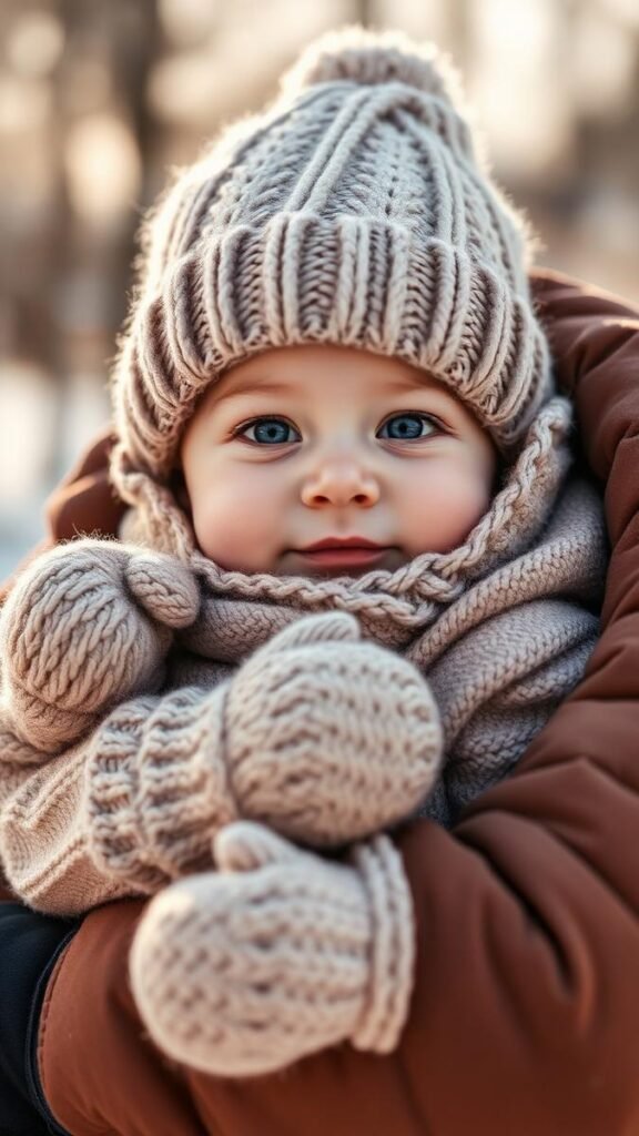 Baby bundled in warm knit winter hat and mittens outdoors