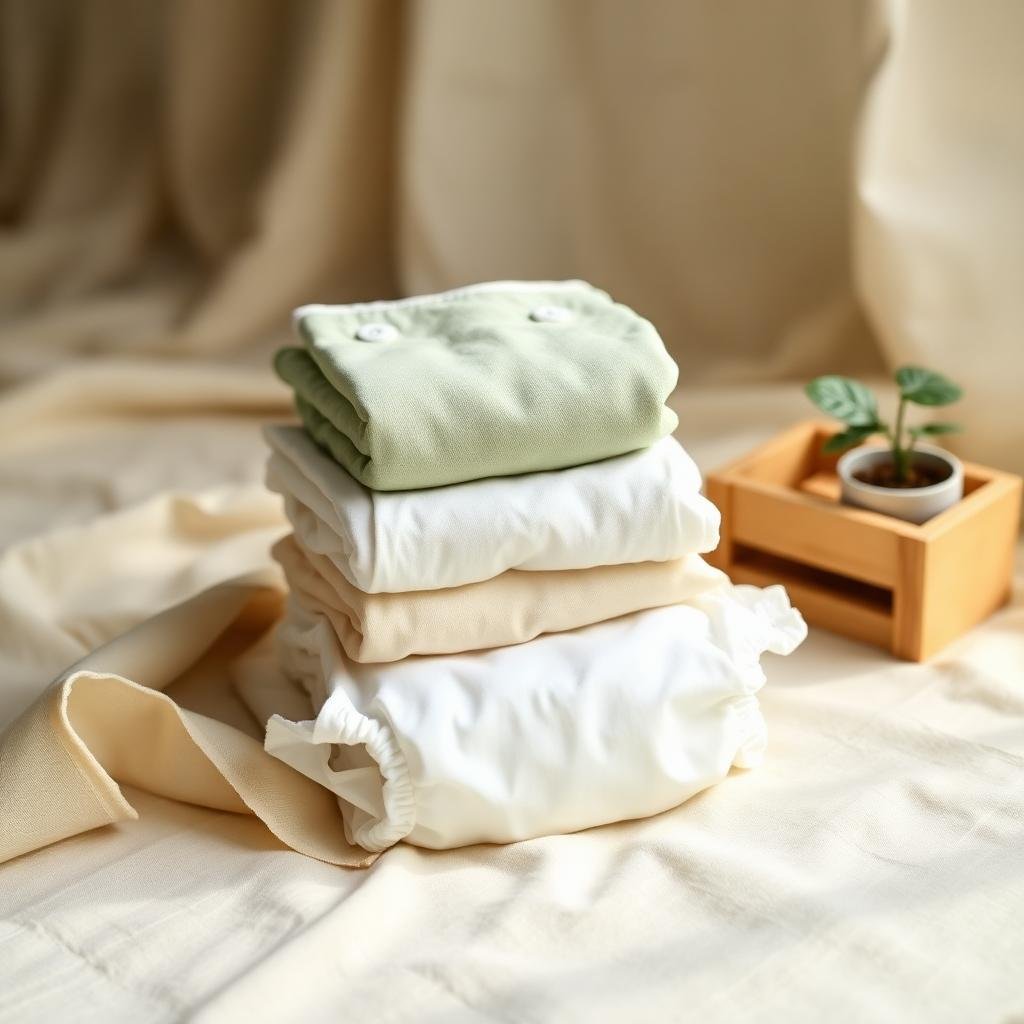 Stack of eco-friendly cloth baby diapers and reusable wipes on natural cotton bedding with a small potted plant