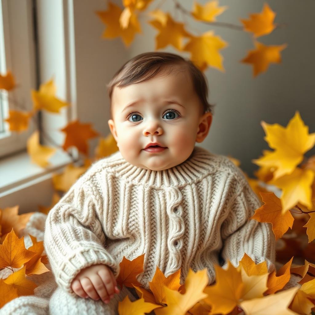 Baby in cream knit sweater surrounded by autumn leaves — fall allergy season