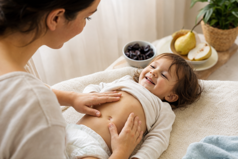 Parent gently massaging toddler belly for constipation relief