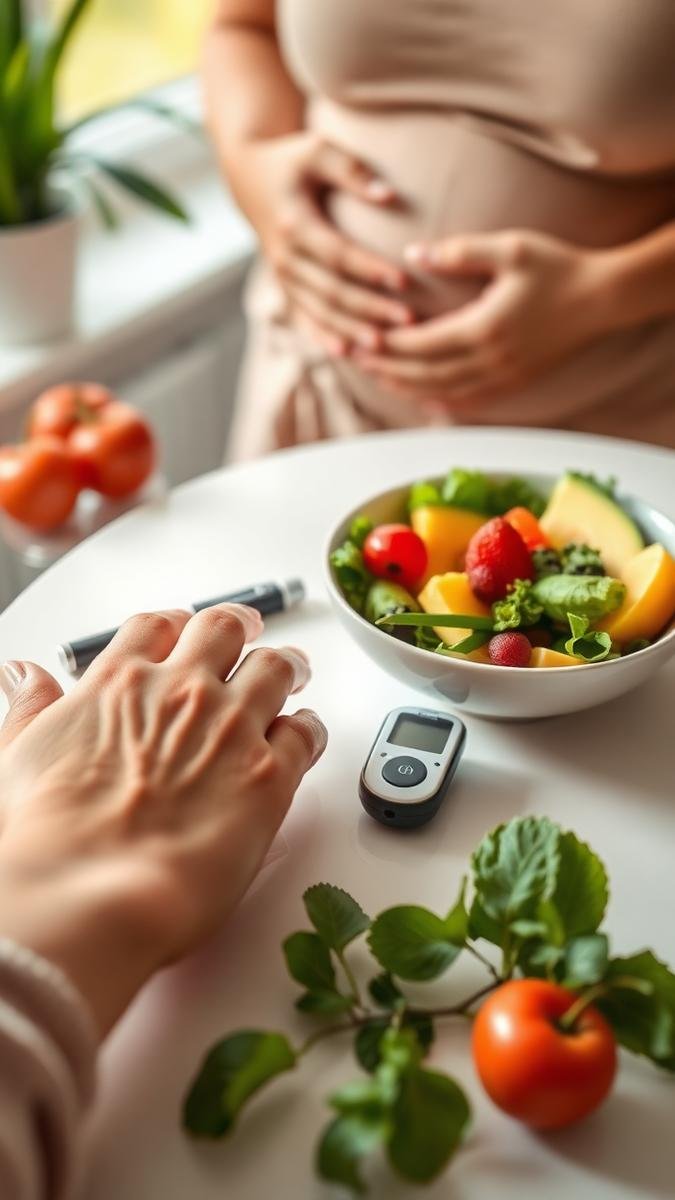 Pregnant woman with a glucose monitor and healthy food