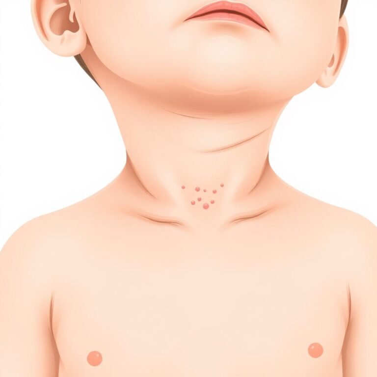 Close-up illustration of heat rash (miliaria) on a baby: fine pink pinpoint bumps across the neck, chest and skin folds, appearing after overheating or sweating.