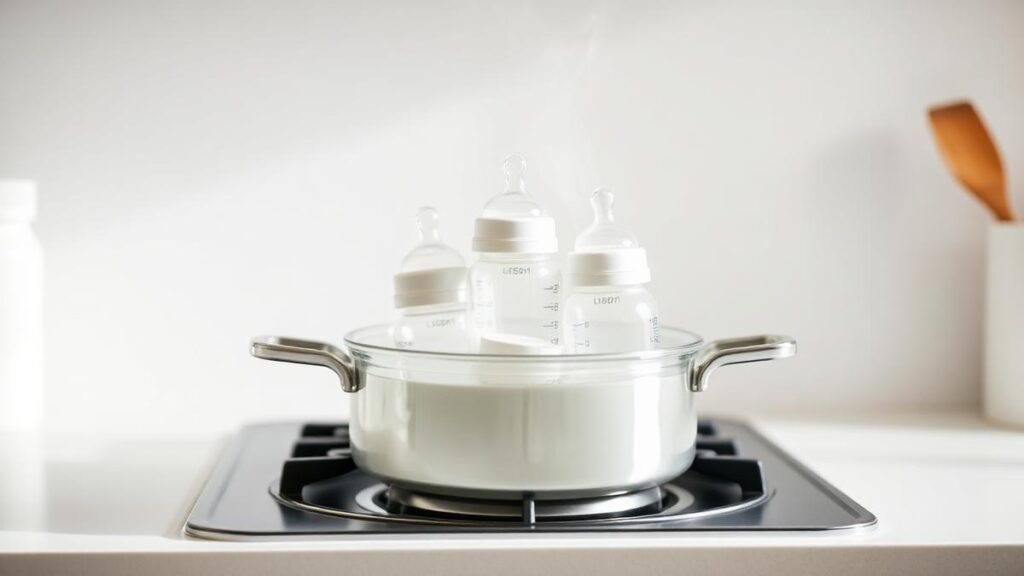 Baby bottles being sterilized in boiling water on a stovetop